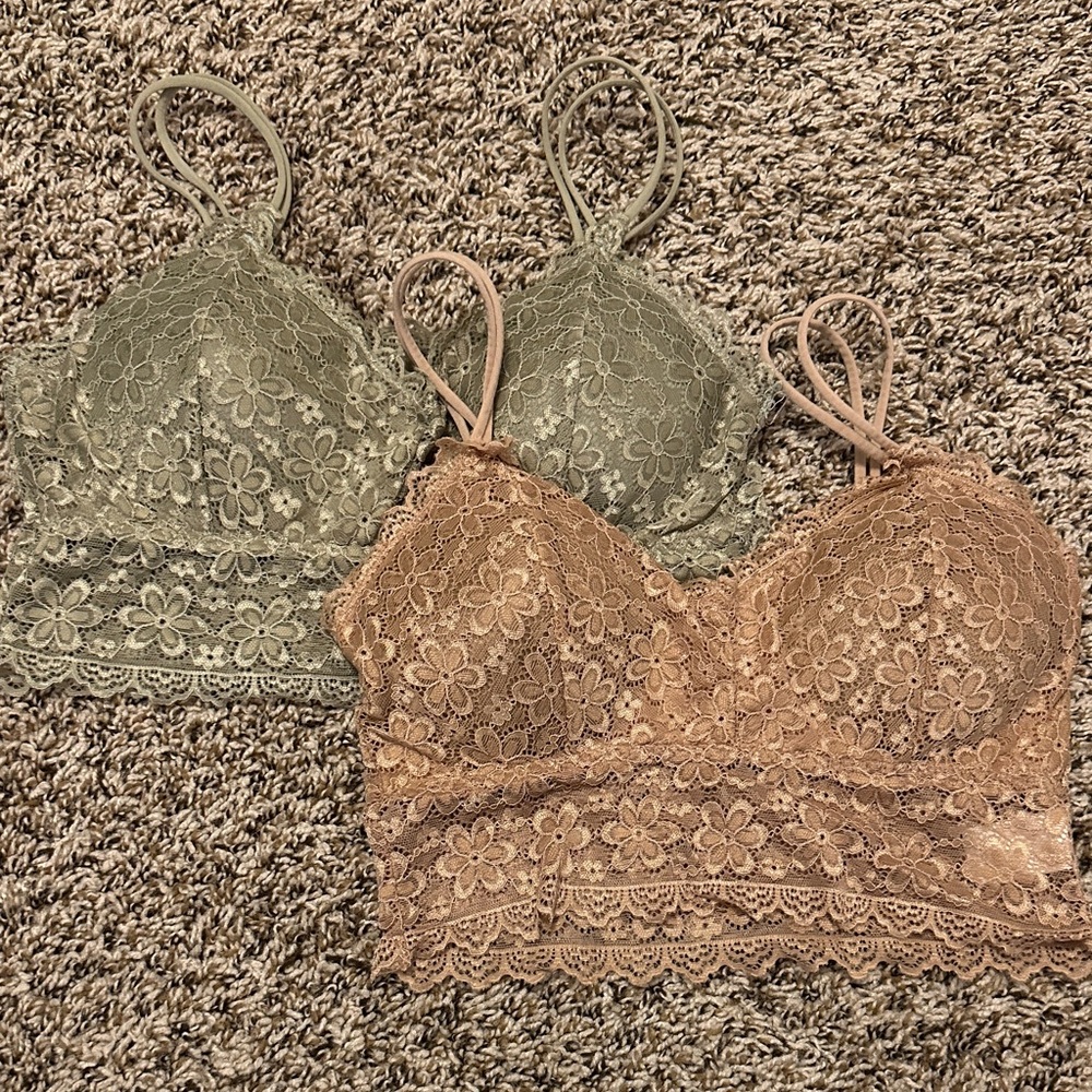 Lace Bralette Set in Green and Tan